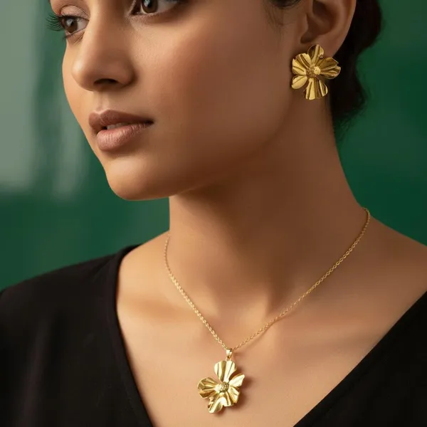 Gold_Floral_Pendant_Necklace_Set_With_Earrings_|_Elegant_Flower_Design_Jewellery_Set_For_Women