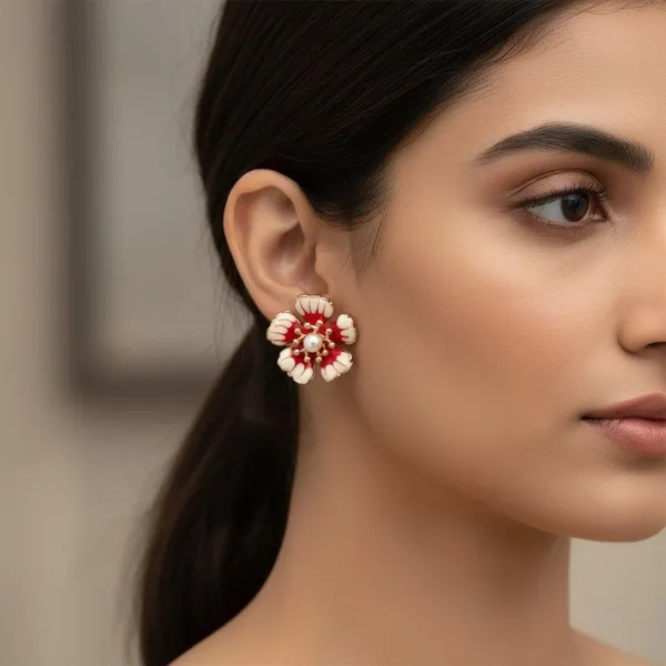 Red_&_White_Enamel_Floral_Stud_Earrings_with_Pearl_Center_|_Designer_Statement_Flower_Earrings_for_Women