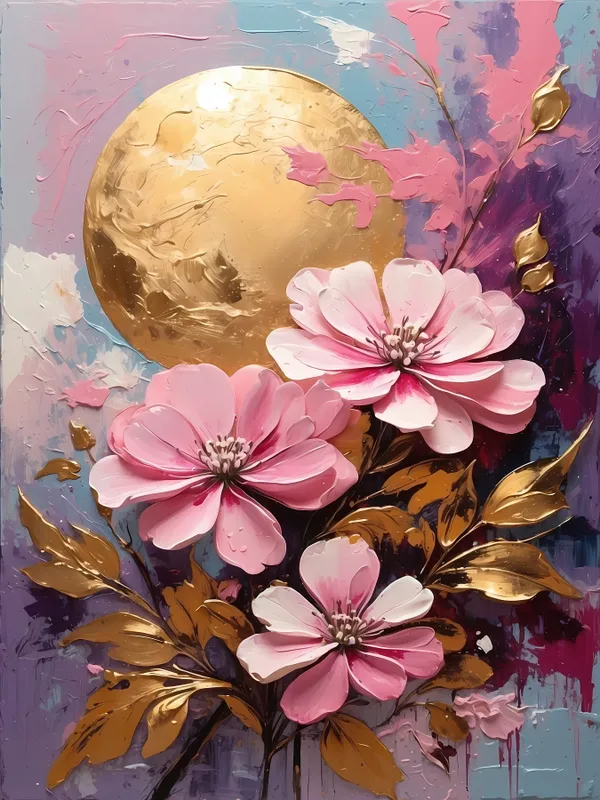 Muralkart_Golden_Moon_And_Pink_Floral_Painting_-_Textured_Canvas_Wall_Art