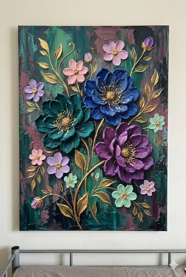 Muralkart_3D_Textured_Floral_Art_Canvas_-_Blue_And_Purple_Blooms_With_Golden_Leaves