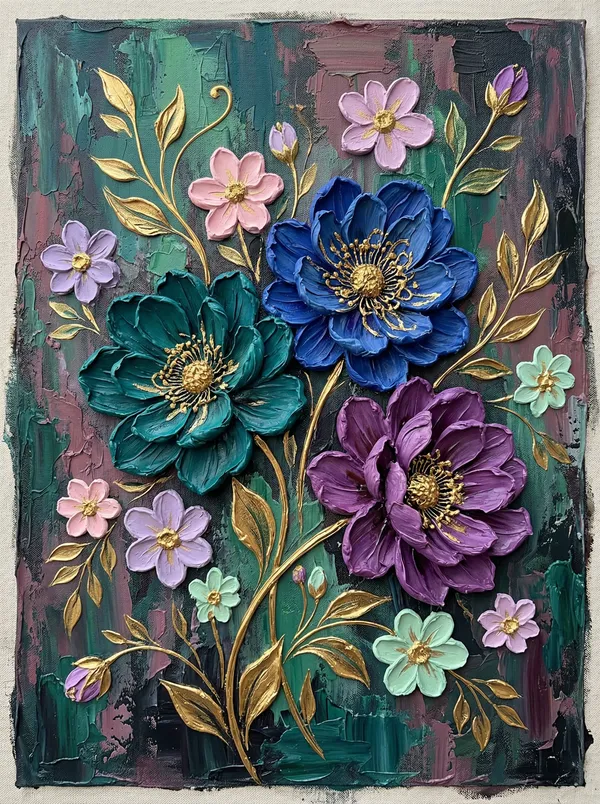 Muralkart_3D_Textured_Floral_Art_Canvas_-_Blue_And_Purple_Blooms_With_Golden_Leaves