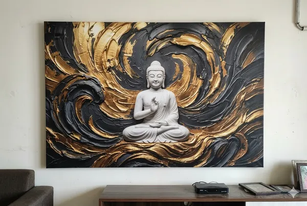 Muralkart_Buddha_Wall_Art_With_Golden_Swirl_-_Textured_3D_Relief_Painting