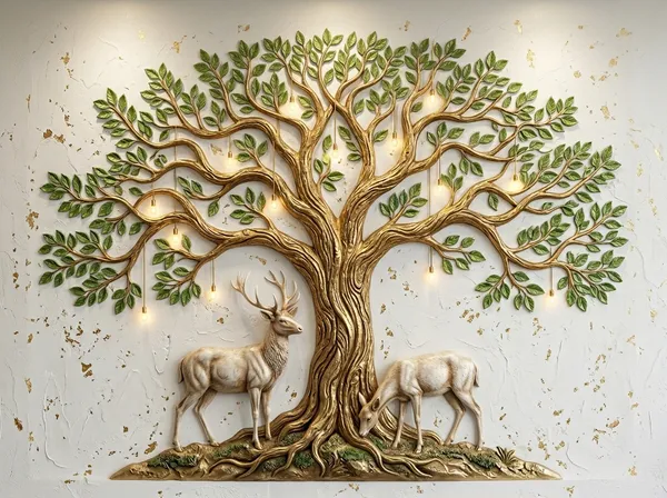 Muralkart_3D_Metal_Tree_Of_Life_Canvas_Painting_With_Deer_Sculpture