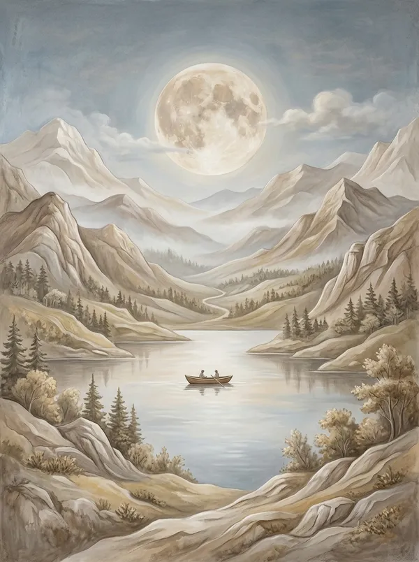 Muralkart_Serene_Mountain_Landscape_Art_Print_-_Full_Moon_Over_Lake_With_Boat