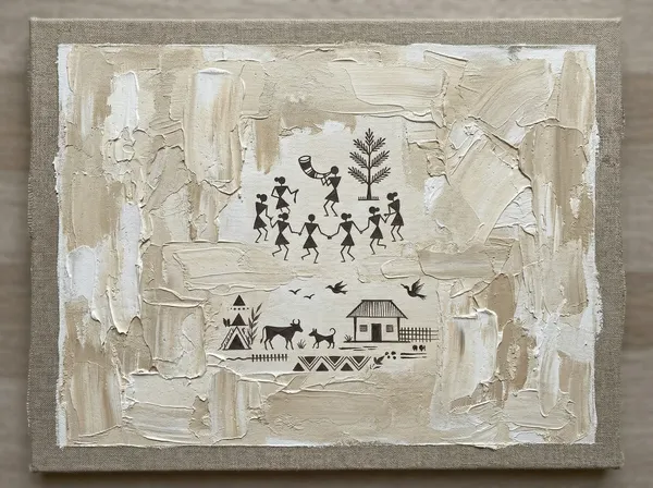 Muralkart_Warli_Art_Painting_With_Textured_Canvas_And_Tribal_Folk_Theme