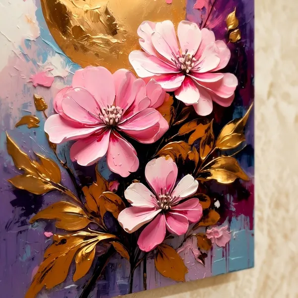 Muralkart_Golden_Moon_And_Pink_Floral_Painting_-_Textured_Canvas_Wall_Art