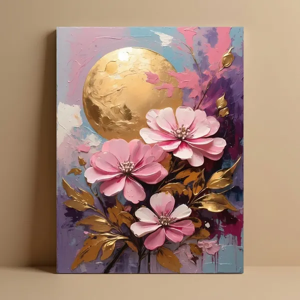 Muralkart_Golden_Moon_And_Pink_Floral_Painting_-_Textured_Canvas_Wall_Art