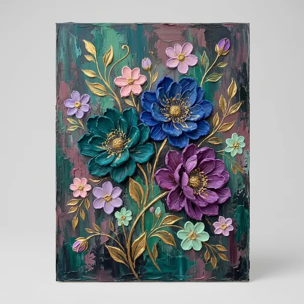 Muralkart_3D_Textured_Floral_Art_Canvas_-_Blue_And_Purple_Blooms_With_Golden_Leaves
