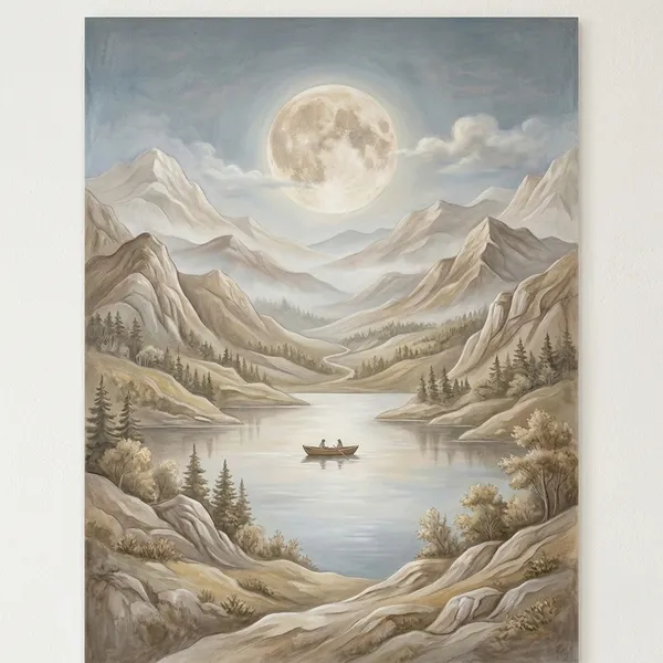 Muralkart_Serene_Mountain_Landscape_Art_Print_-_Full_Moon_Over_Lake_With_Boat