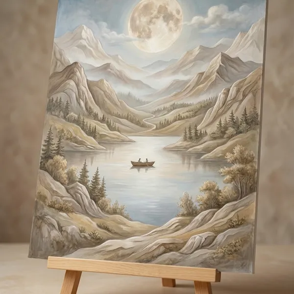 Muralkart_Serene_Mountain_Landscape_Art_Print_-_Full_Moon_Over_Lake_With_Boat