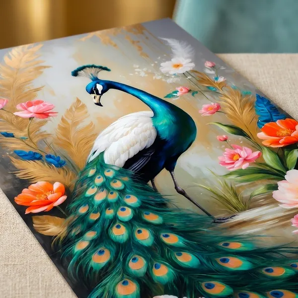 Muralkart_Elegant_Peacock_Painting_With_Floral_Décor