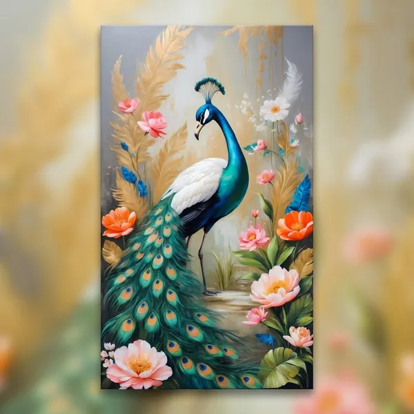 Muralkart_Elegant_Peacock_Painting_With_Floral_Décor