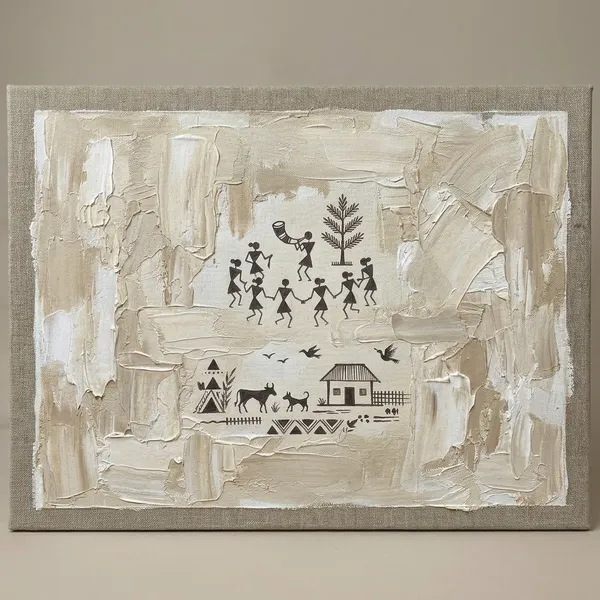 Muralkart_Warli_Art_Painting_With_Textured_Canvas_And_Tribal_Folk_Theme