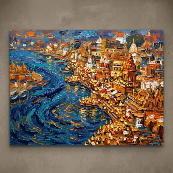 Muralkart_Varanasi_Ghats_Canvas_Wall_Art_-_Blue_And_Gold_Impressionist_Painting_Print