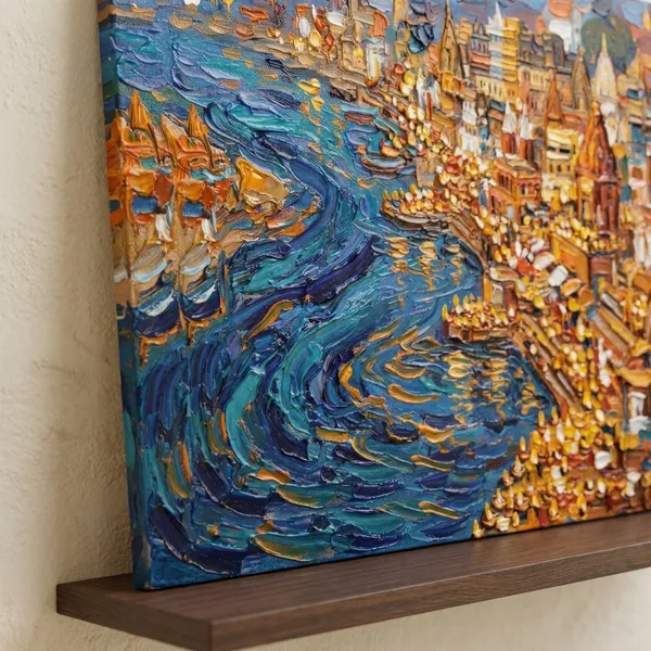 Muralkart_Varanasi_Ghats_Canvas_Wall_Art_-_Blue_And_Gold_Impressionist_Painting_Print