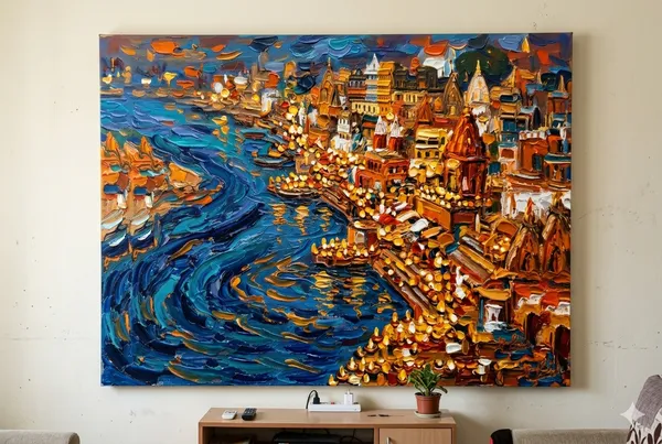 Muralkart_Varanasi_Ghats_Canvas_Wall_Art_-_Blue_And_Gold_Impressionist_Painting_Print