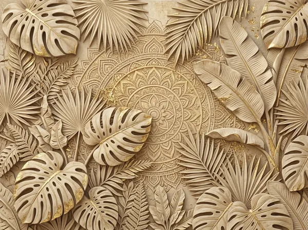 Muralkart_3D_Tropical_Leaves_Wall_Panel_-_Gold_Mandala_Design_Textured_Wall_Art