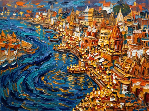 Muralkart_Varanasi_Ghats_Canvas_Wall_Art_-_Blue_And_Gold_Impressionist_Painting_Print