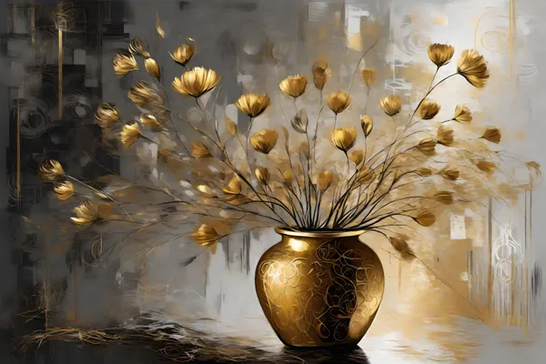 Muralkart_Golden_Floral_Arrangement_In_Decorative_Vase_-_Modern_Abstract_Art_Canvas_Print