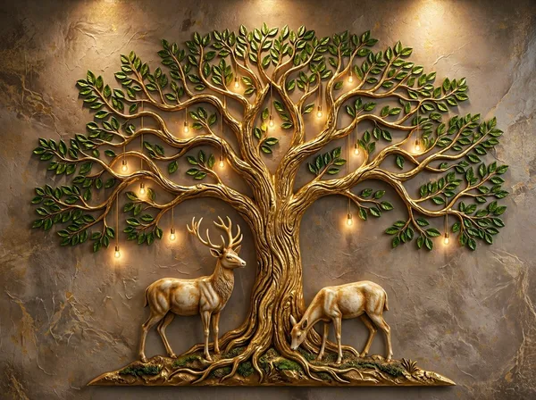 Muralkart_3D_Metal_Tree_Of_Life_Canvas_Painting_With_Deer_Sculpture