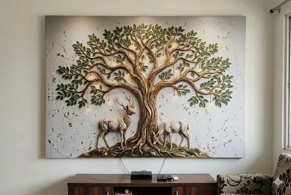 Muralkart_3D_Metal_Tree_Of_Life_Canvas_Painting_With_Deer_Sculpture