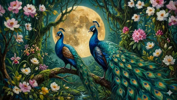 Muralkart_Elegant_Peacock_Floral_Art_Painting_-_Moon_And_Blossoms