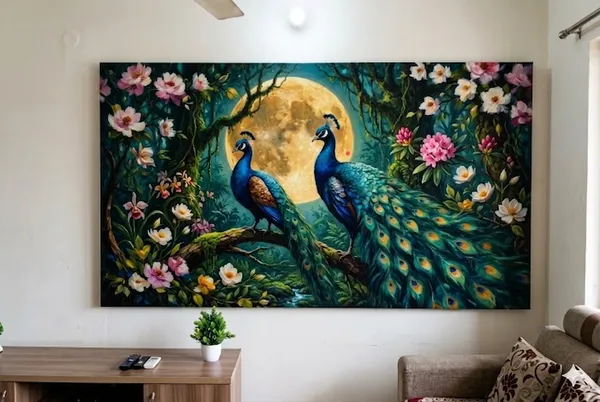 Muralkart_Elegant_Peacock_Floral_Art_Painting_-_Moon_And_Blossoms