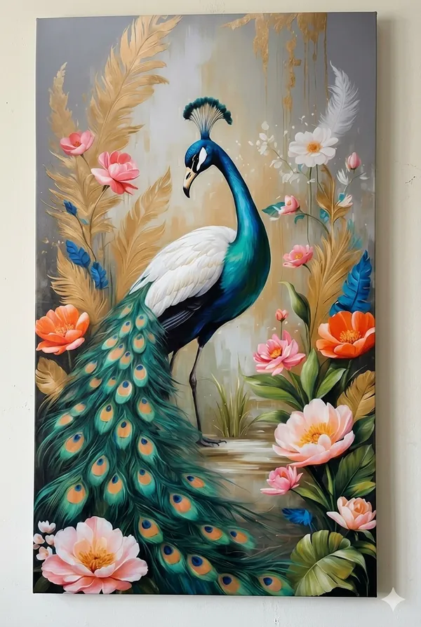 Muralkart_Elegant_Peacock_Painting_With_Floral_Décor