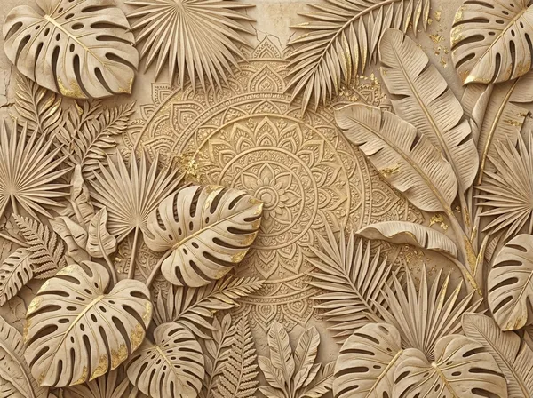 Muralkart_3D_Tropical_Leaves_Wall_Panel_-_Gold_Mandala_Design_Textured_Wall_Art