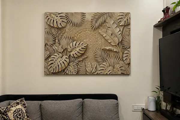 Muralkart_3D_Tropical_Leaves_Wall_Panel_-_Gold_Mandala_Design_Textured_Wall_Art