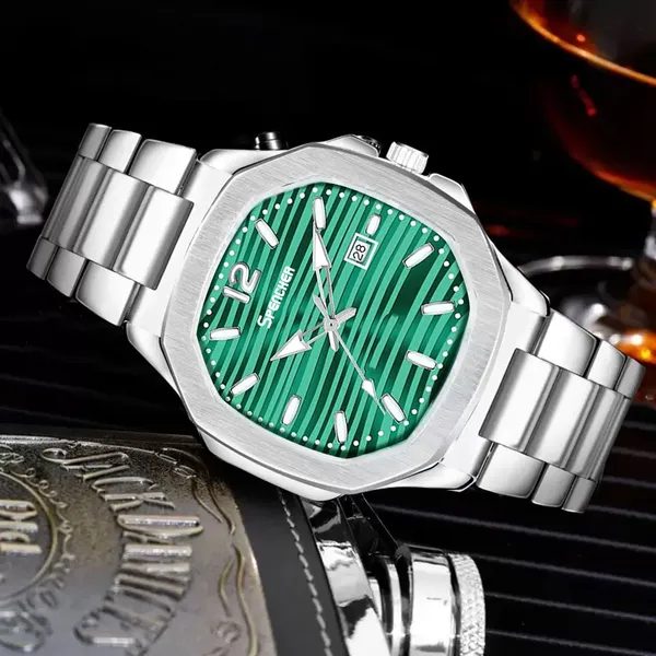 Green_Nautilus_4569_Date_Working_Square_Dial_Silver_Quartz_Mechanism_Analog_Watch_For_Men