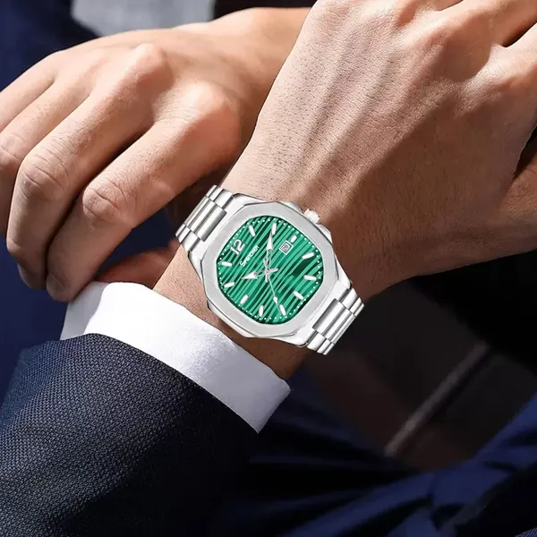 Green_Nautilus_4569_Date_Working_Square_Dial_Silver_Quartz_Mechanism_Analog_Watch_For_Men