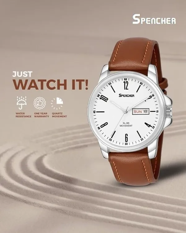 White_New_Track_Number_Dial_Day_And_Date_Brown_Strap_Analog_Watch_For_Men