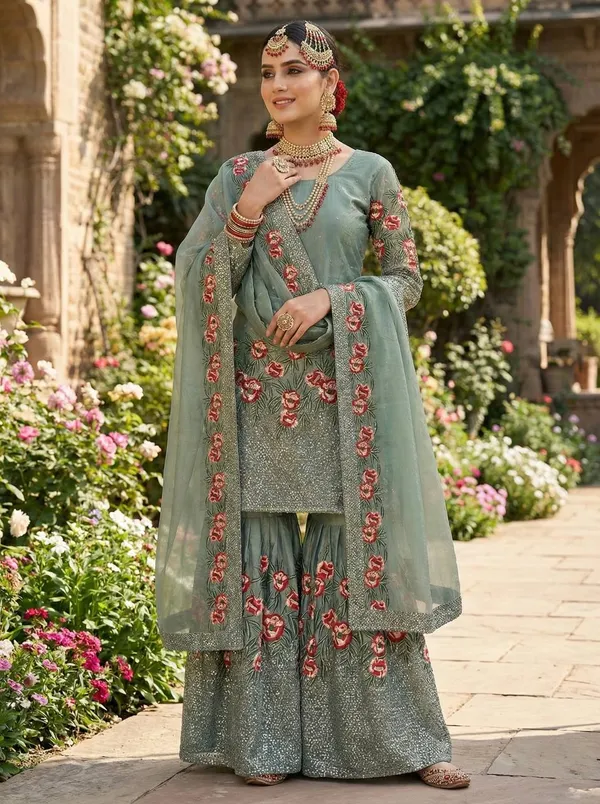 Green_Premium_Embroidered_Georgette_Sharara_Suit_Set_For_Women