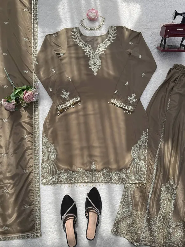 Brown_Premium_Embroidered_Silk_Blend_Gharara_Suit_Set_For_Women