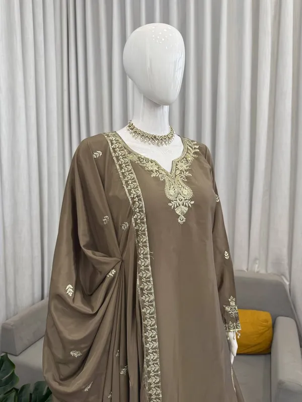 Brown_Premium_Embroidered_Silk_Blend_Gharara_Suit_Set_For_Women