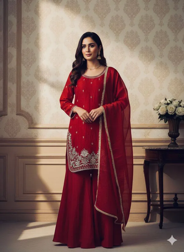 Red_Premium_Embroidered_Mixed_Fabric_Kurta_Palazzo_Set_For_Women