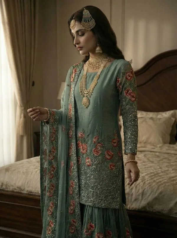 Green_Premium_Embroidered_Georgette_Sharara_Suit_Set_For_Women