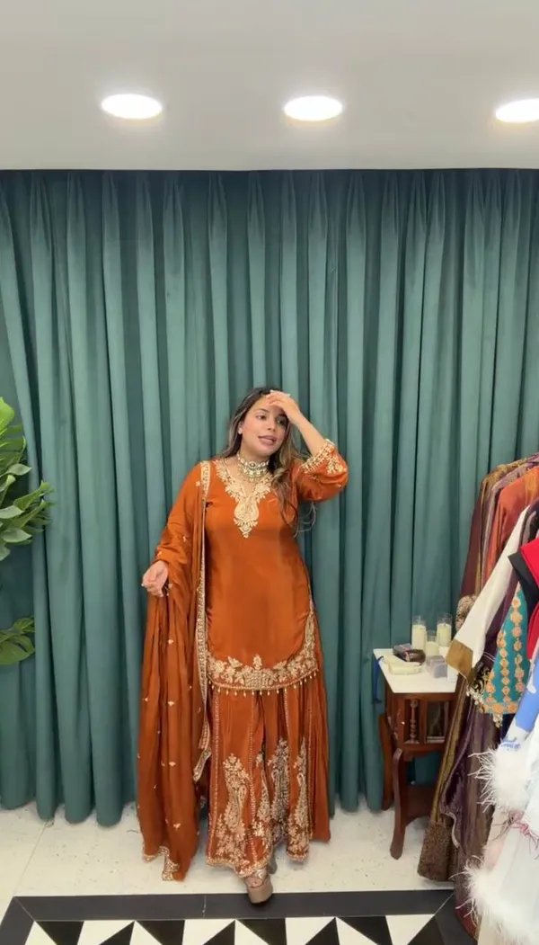 Orange_Premium_Embroidered_Georgette_Sharara_Suit_Set_For_Women
