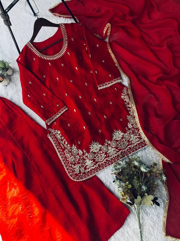 Red_Premium_Embroidered_Mixed_Fabric_Kurta_Palazzo_Set_For_Women