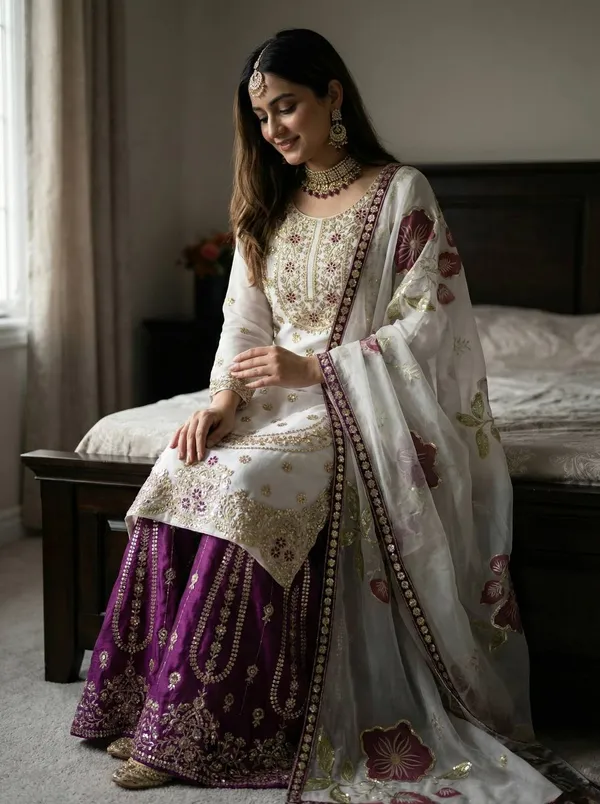 White_And_Purple_Premium_Embroidered_Georgette_Pakistani_Suit_Set_For_Women