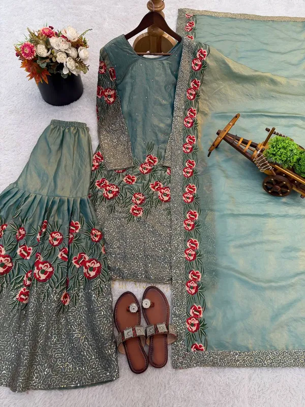 Green_Premium_Embroidered_Georgette_Sharara_Suit_Set_For_Women