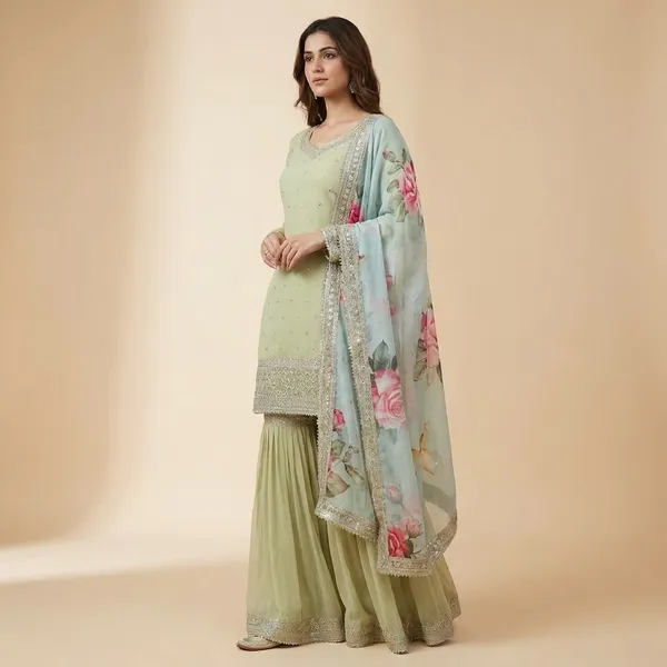 Green_Premium_Embellished_Georgette_Gharara_Suit_Set_For_Women