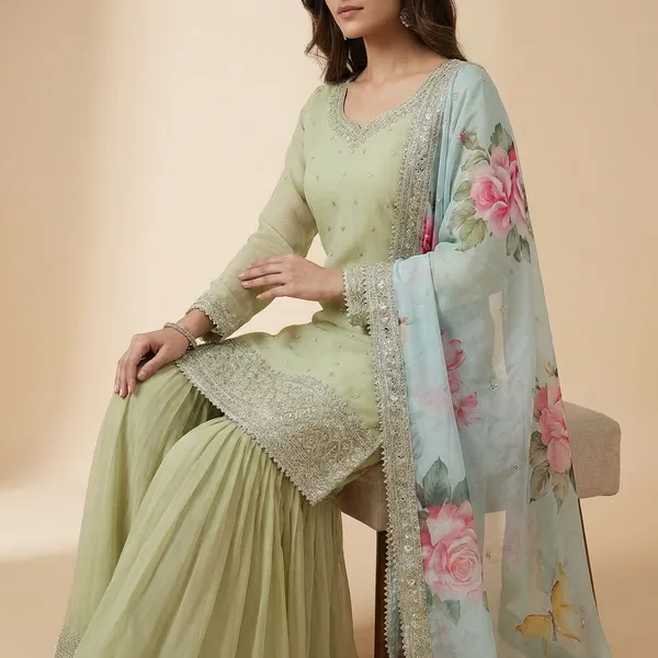 Green_Premium_Embellished_Georgette_Gharara_Suit_Set_For_Women