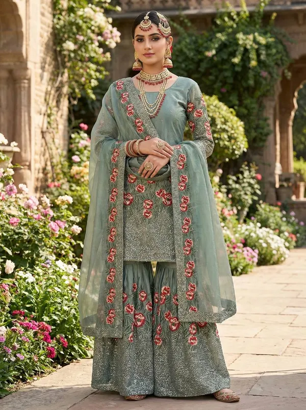 Green_Premium_Embroidered_Georgette_Sharara_Suit_Set_For_Women