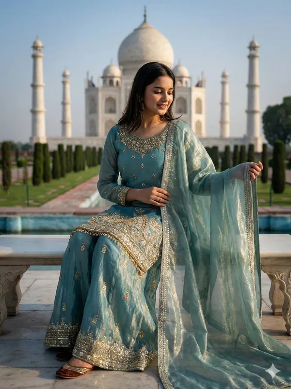 Sky_Blue_Premium_Embroidered_Silk_Blend_Sharara_Suit_Set_For_Women