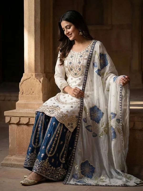 White_Premium_Embroidered_Georgette_Sharara_Suit_Set_For_Women