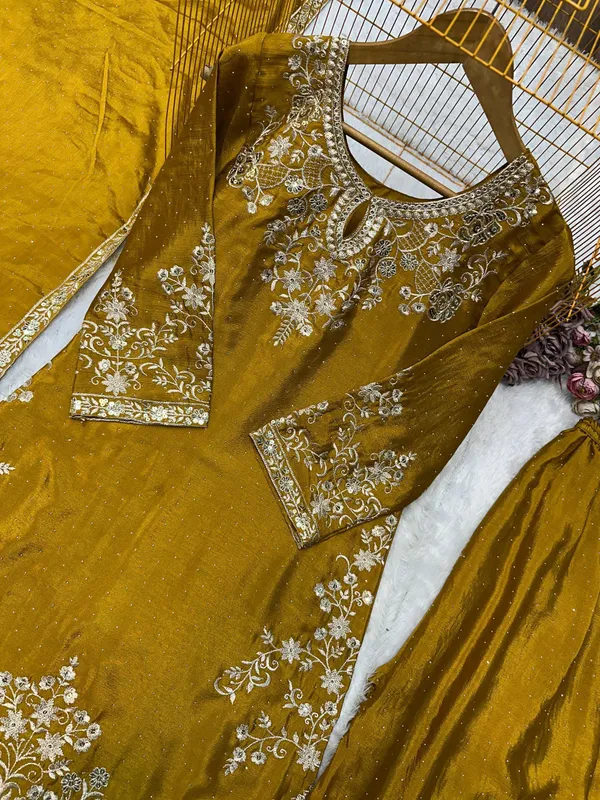 Yellow_And_Green_Premium_Embroidered_Velvet_Gharara_Suit_Set_For_Women