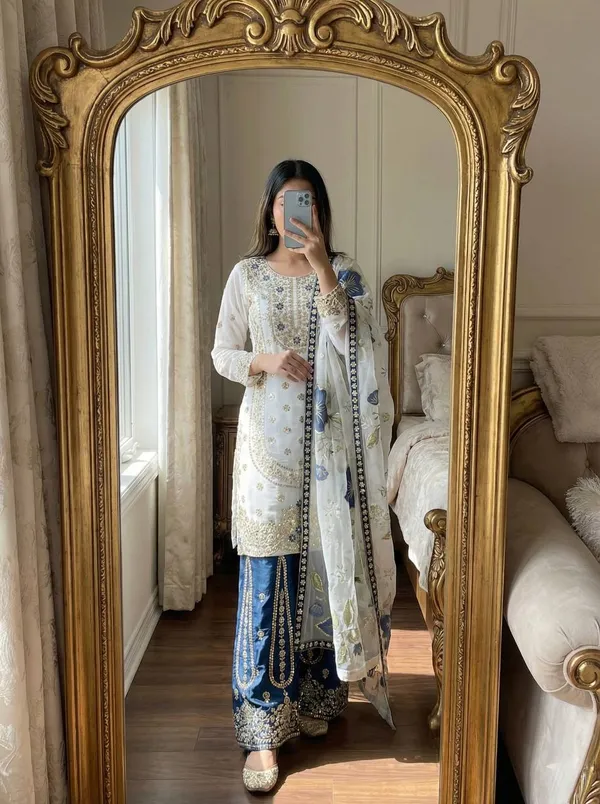 White_Premium_Embroidered_Georgette_Sharara_Suit_Set_For_Women