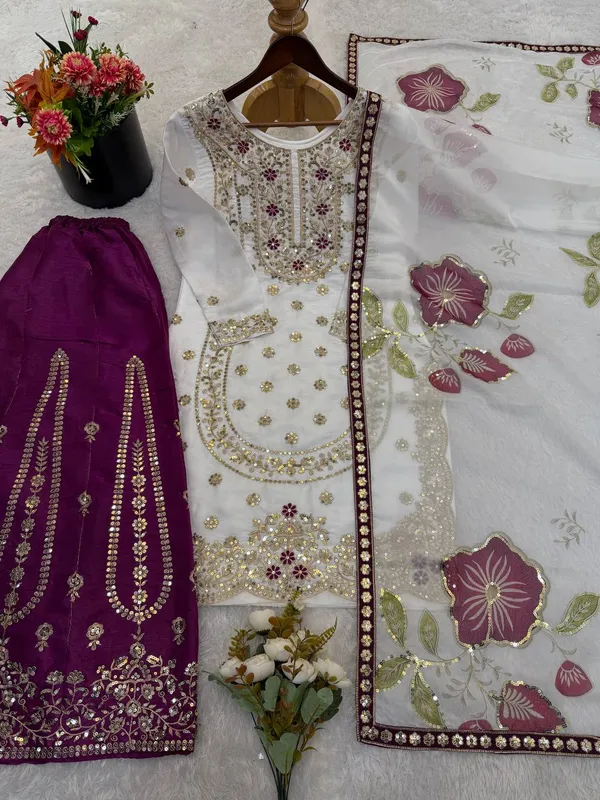 White_And_Purple_Premium_Embroidered_Georgette_Pakistani_Suit_Set_For_Women